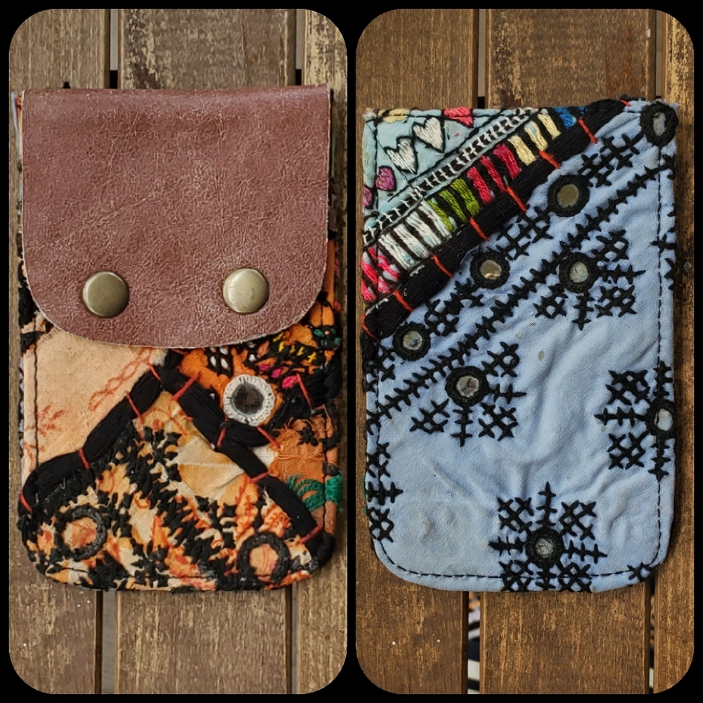 🧠🍳 Free People Boho Embroidered Repurposed vtg banjara hippie Wallet card case